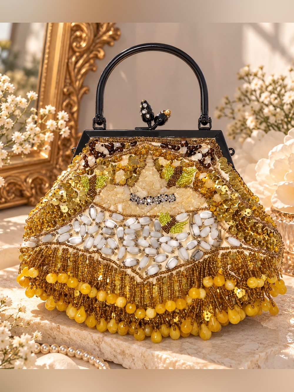 Beaded Sequin Evening Bag Kiss Lock Clutch Fringe Chain Strap Gold Yellow